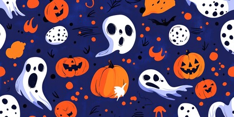Naklejka premium Seamless pattern with pumpkins, ghosts, and bats on a dark blue background.