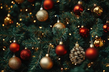 Close-up view of a Christmas tree background, ai
