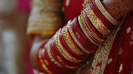 Close-up of ornate bangles worn with traditional attire.