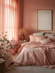 Naklejka premium The bedroom is decorated in pink colors. Poster mockup.
