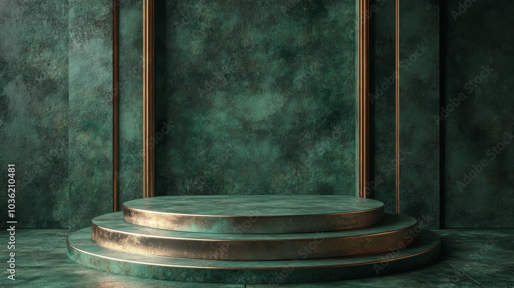 Poster a sophisticated green backdrop features a smooth circular pedestal perfect for artistic displays or 