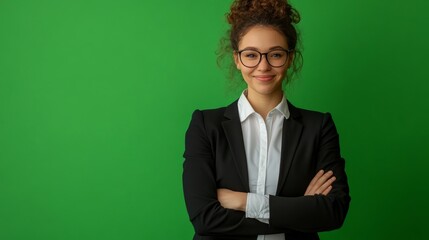 An inspiring educator with an inviting smile stands confidently on a vivid green background.