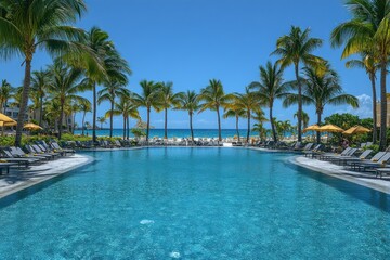 Tropical Resort Pool with Palm Trees and Ocean View