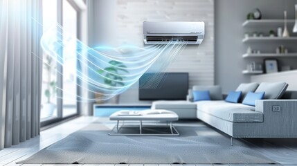 Modern living room featuring an air conditioner with cool air flow visualization.