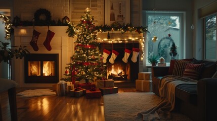 house with christmas decorated fireplace next to christmas tree