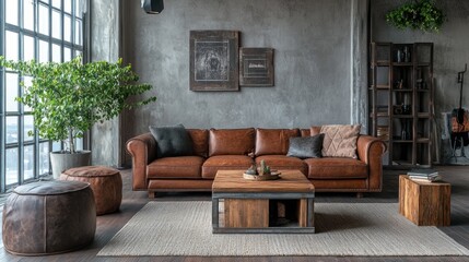 Cozy living room with a leather sofa, wooden table, and greenery.