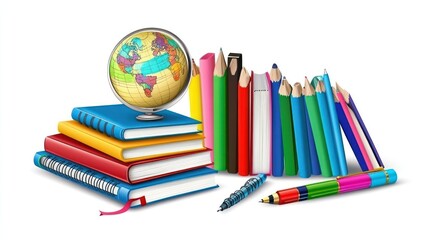 A collection of books, a globe, and colored pencils, symbolizing education and learning.
