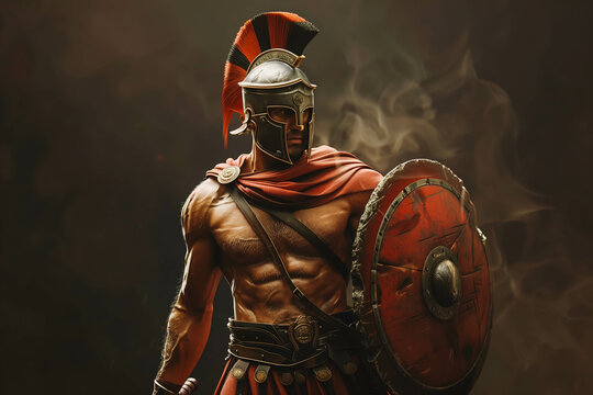 roman gladiator warrior, spartan with shield and sword