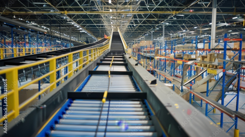 Aufkleber a conveyor belt runs through a large warehouse with shelves and boxes. concept of automated sorting 