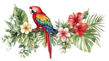 Fototapeta premium A vibrant parrot perched on a branch surrounded by tropical flowers and leaves.