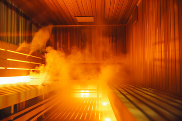 Steaming hot finnish sauna. Health and Wellness concept.