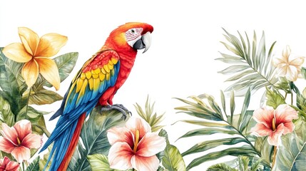Fototapeta premium A vibrant parrot amidst tropical flowers and foliage, showcasing nature's beauty.