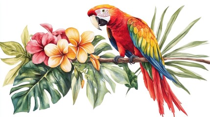 Fototapeta premium A vibrant parrot perched on a branch surrounded by tropical flowers and leaves.
