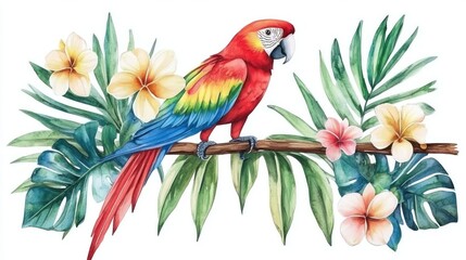 Fototapeta premium A vibrant parrot perched on a branch surrounded by tropical flowers and leaves.