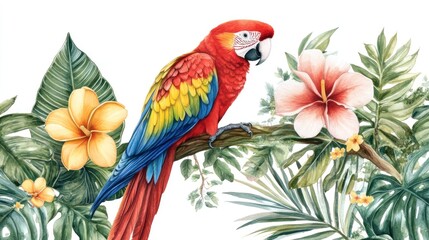 Fototapeta premium A vibrant parrot perched on a branch surrounded by tropical flowers and leaves.