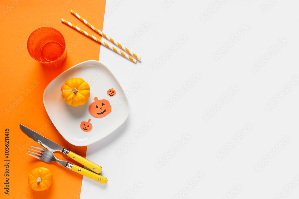 Sticker Festive table setting for Halloween celebration with pumpkins on color background