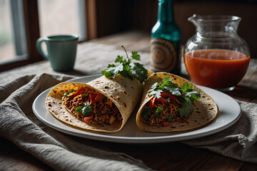 Mexican cuisine, Tortillas on a white plate at the dining table