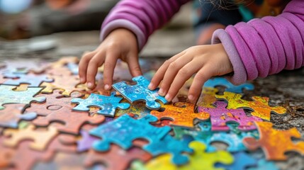 A child’s hands assembling a colorful jigsaw puzzle on a wooden surface outdoors.