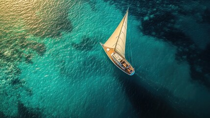 Aerial view of a sailboat sailing on the open ocean.