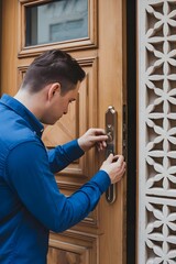 Fototapeta premium A man fixing a broken door lock. He is wearing a blue shirt and is standing in front of a wooden door. The door has a small window at eye level. 