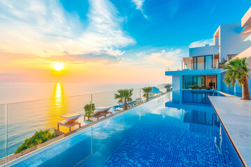 Fototapeta premium Sea view. Luxury modern white beach hotel with swimming pool at sunset.