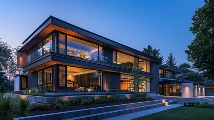 Modern home with large windows and a beautiful lawn.