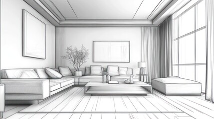 A minimalist living room sketch featuring a sofa, coffee table, and large windows.