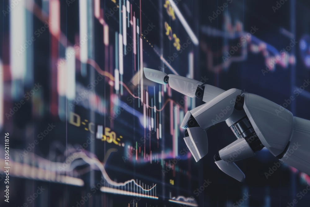 Poster a robotic hand points at a digital financial chart on a screen. concept of automation and technology