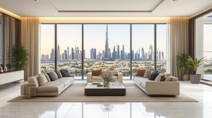 Modern living room with a view of a city skyline featuring skyscrapers.