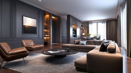 Modern living room with elegant furniture and a cozy atmosphere.