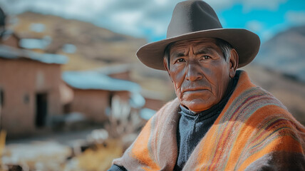 Portrait of an indigenous quechua man wearing a brown hat and poncho