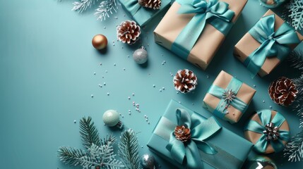 A delightful banner with gift boxes wrapped in velvet ribbons and decorated with paper elements on a turquoise background