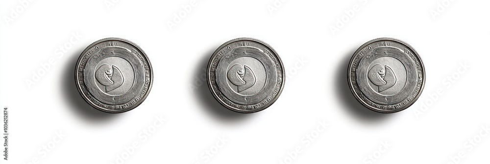 Poster Silver Cryptocurrency Coins with a Curved Design on a White Background