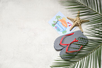 Card for Thanksgiving Day with starfish, flip-flops and palm leaves on grunge background