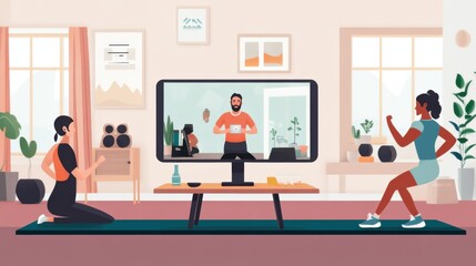 A fitness coach leading a virtual workout session via video conference with participants exercising at home, Modern lifestyle theme, Virtual fitness scene
