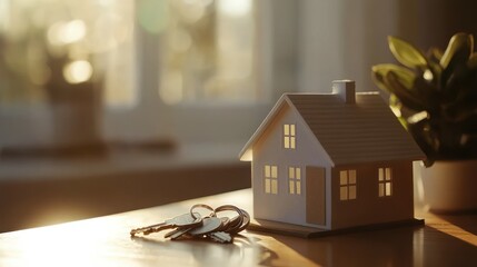 A model house beside keys, symbolizing home ownership and new beginnings.