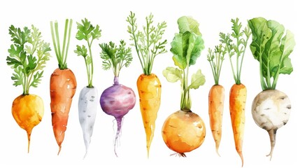 Hand drawn watercolor root vegetables on white background