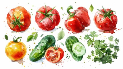 Hand drawn watercolor tomatoes and bell peppers on white background
