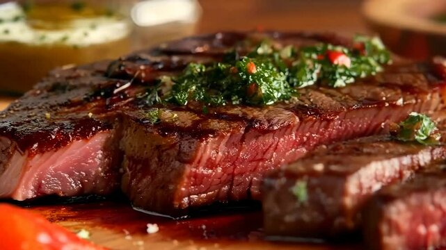 Grilled sirloin steak with chimichurri sauce, Video
