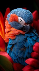 Fototapeta premium african grey parrot sleeping on a big flower. its eyes are look at the camera. The background is black