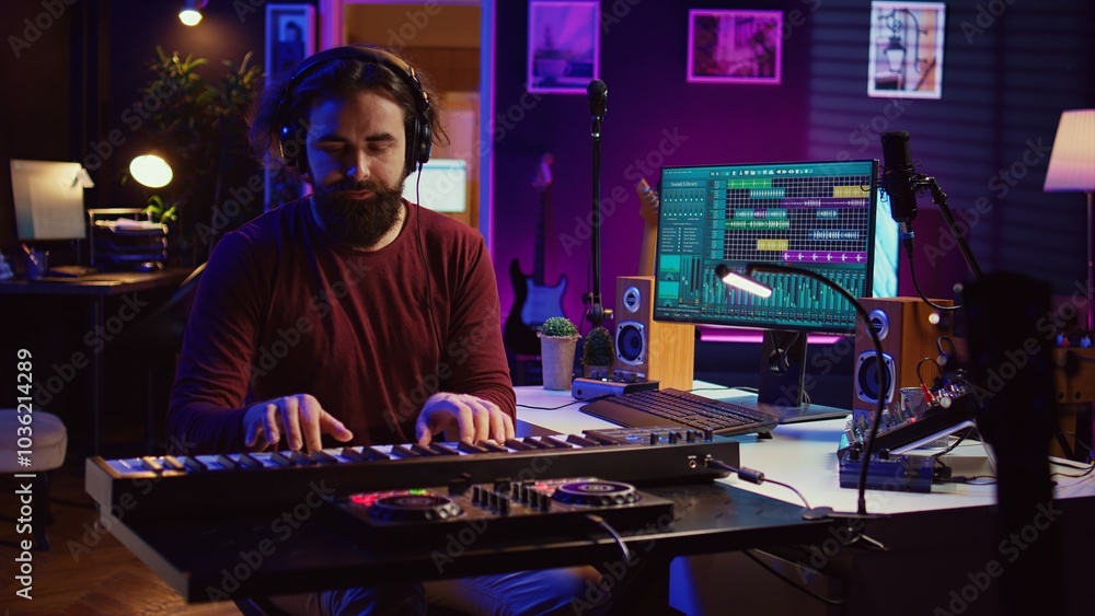 Poster artist playing piano keyboard and recording sounds for mix and master session, using daw software in