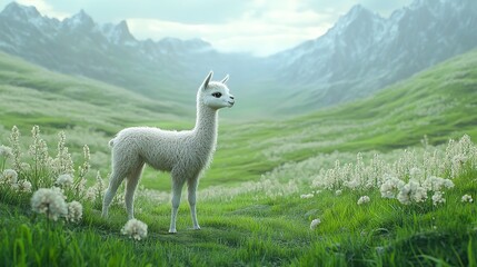 3D Cute Baby Llama in a Pastel Green Meadow for Nursery Room Decor