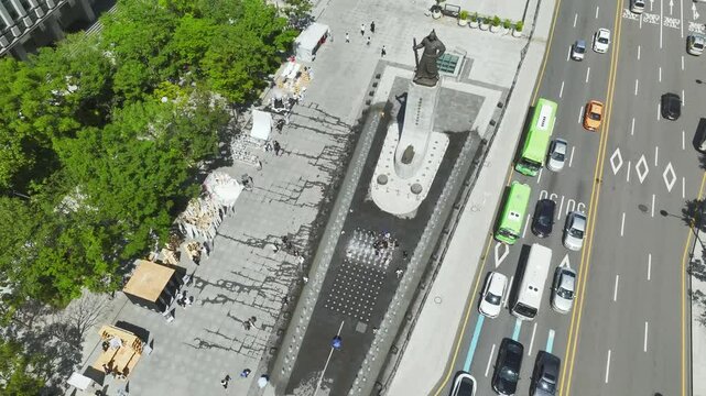 Drone View of Seoul city in South Korea, Jongno, Gwanghwamun Square, Summer 60fps