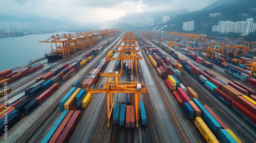 Poster the cargo terminal is lined with a multitude of shipping containers in various colors, with cranes a