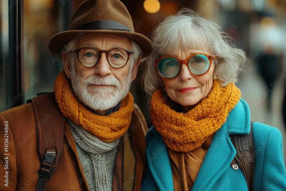 Wall mural a stylish elderly couple smiling together in cozy winter outfits during a city stroll on a sunny day