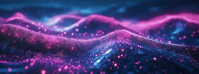 abstract visualization of big data, glowing waves of neon particles in shades of pink and purple flowing across a deep blue digital landscape, resembling an ocean of information