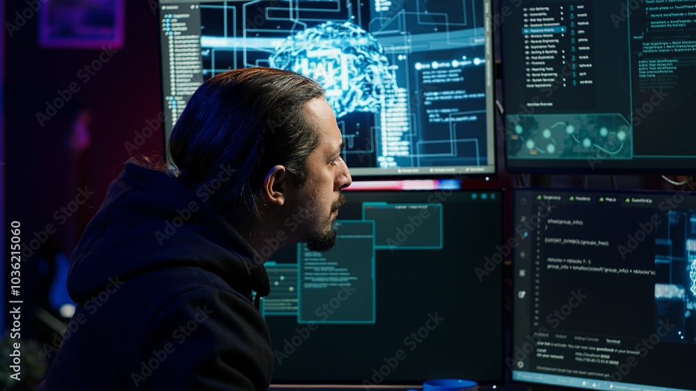 Poster hacker using artificial intelligence technology to write spyware software able to gather information