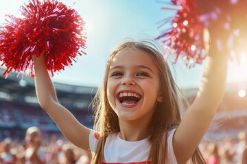 Cheerful girl with pom-poms. This photo represents the excitement and joy of being a fan at a sporting event.