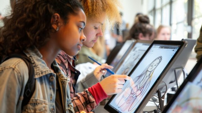 Two young women collaborate on a digital drawing, pointing at the screen with focus and excitement. - Powered by Adobe