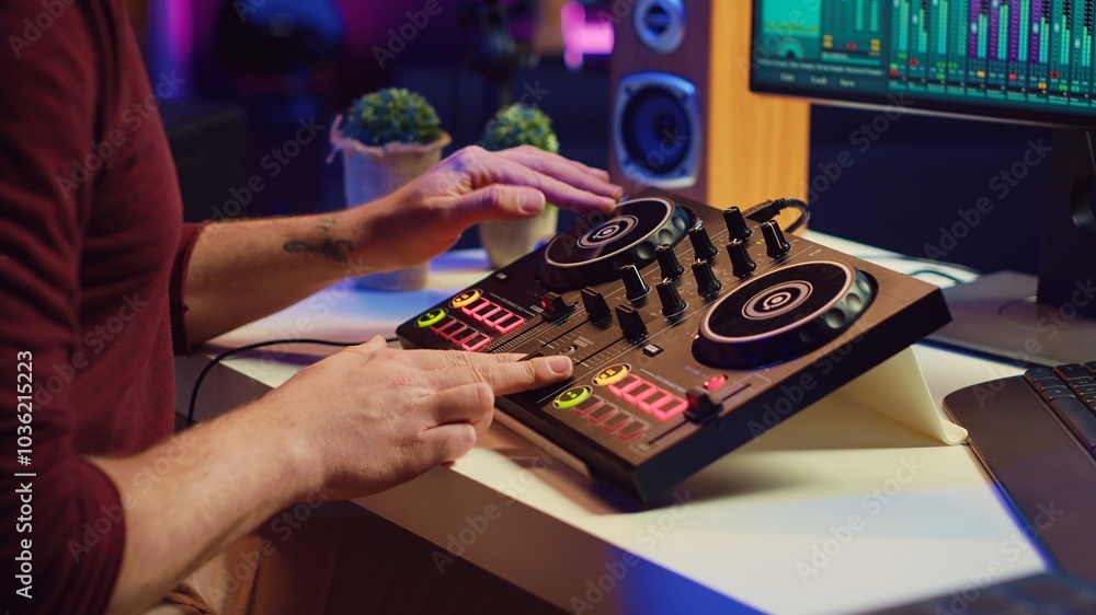 Leinwandbilder sound engineer mixing and mastering sounds with electronic audio console, pressing controls and pre 